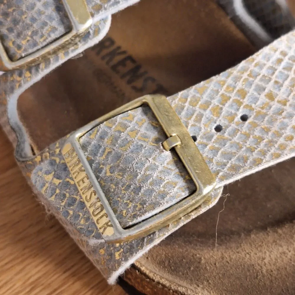 Birkenstock Arizona Women’s 7 EU 38 Narrow Shiny Python Blue Gold Slide Sandals